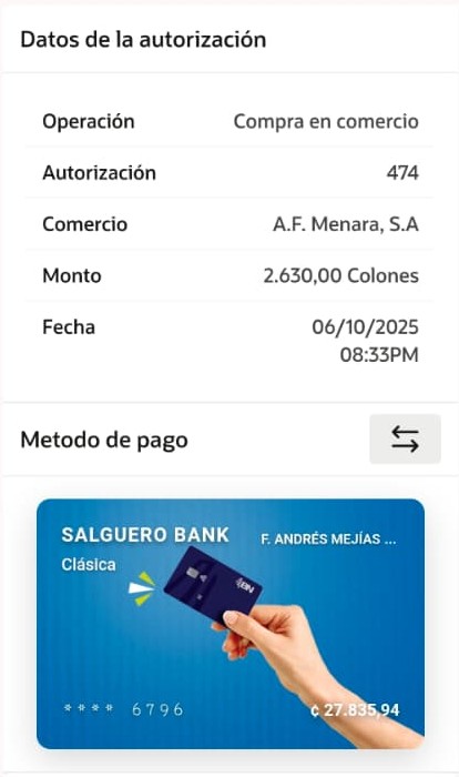 Mockup de compra en comercio mostrando autorización y método de pago