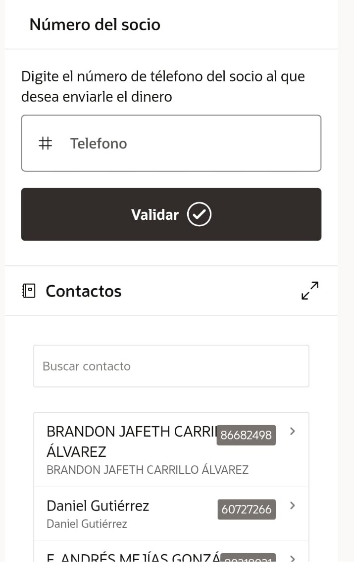 Interfaz de transferencia entre socios mostrando formulario de envío